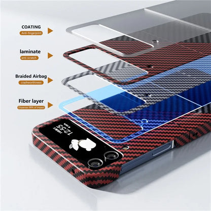 For Samsung Galaxy Z Flip4 5G Case PU Leather+PC Carbon Fiber Texture Flip Phone Shell+Red