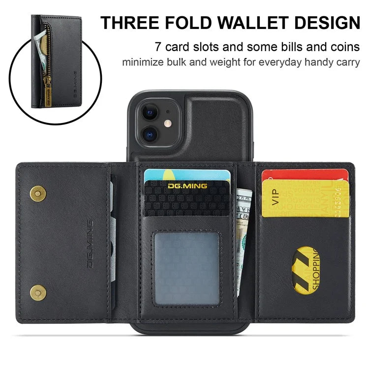 DG.MING M5 Series For iPhone 11 Wallet Case Zipper Pocket Card Slots Phone Cover