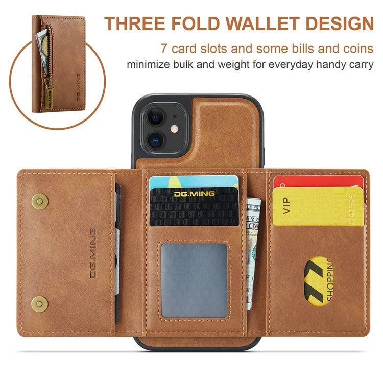 DG.MING M5 Series For iPhone 11 Wallet Case Zipper Pocket Card Slots Phone Cover