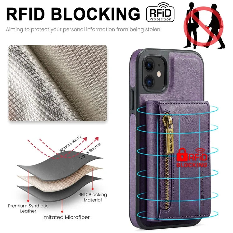 DG.MING M5 Series For iPhone 11 Wallet Case Zipper Pocket Card Slots Phone Cover