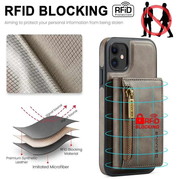 DG.MING M5 Series For iPhone 11 Wallet Case Zipper Pocket Card Slots Phone Cover