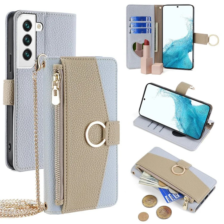 For Samsung Galaxy S22 5G Magnetic Case Leather Zipper Pocket Phone Guard Cover with Finger Ring