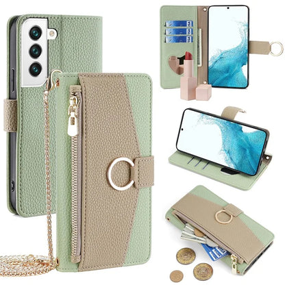 For Samsung Galaxy S22 5G Magnetic Case Leather Zipper Pocket Phone Guard Cover with Finger Ring