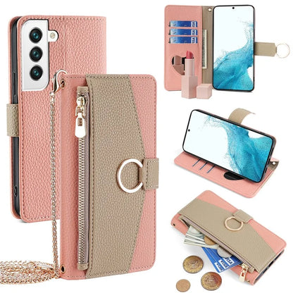 For Samsung Galaxy S22 5G Magnetic Case Leather Zipper Pocket Phone Guard Cover with Finger Ring