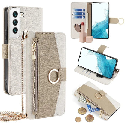 For Samsung Galaxy S22 5G Magnetic Case Leather Zipper Pocket Phone Guard Cover with Finger Ring