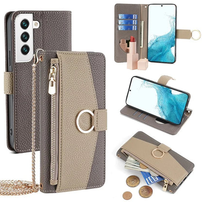 For Samsung Galaxy S22 5G Magnetic Case Leather Zipper Pocket Phone Guard Cover with Finger Ring