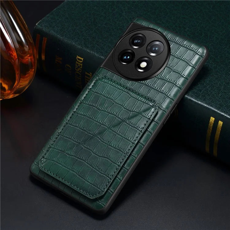 For OnePlus Ace 2 Pro 5G Case Leather+PC+TPU Crocodile Textured Phone Cover