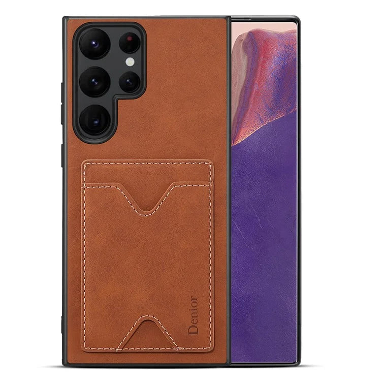 DENIOR For Samsung Galaxy S24 Ultra Case Leather+TPU Phone Kickstand Cover with Card Holder
