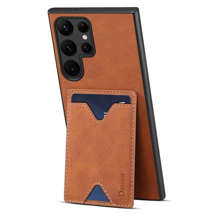 DENIOR For Samsung Galaxy S24 Ultra Case Leather+TPU Phone Kickstand Cover with Card Holder