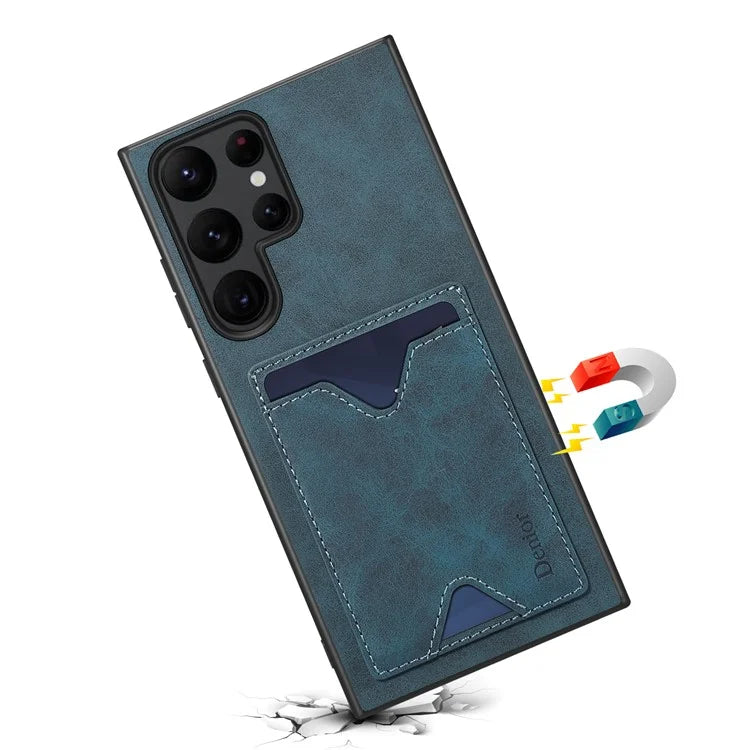 DENIOR For Samsung Galaxy S24 Ultra Case Leather+TPU Phone Kickstand Cover with Card Holder