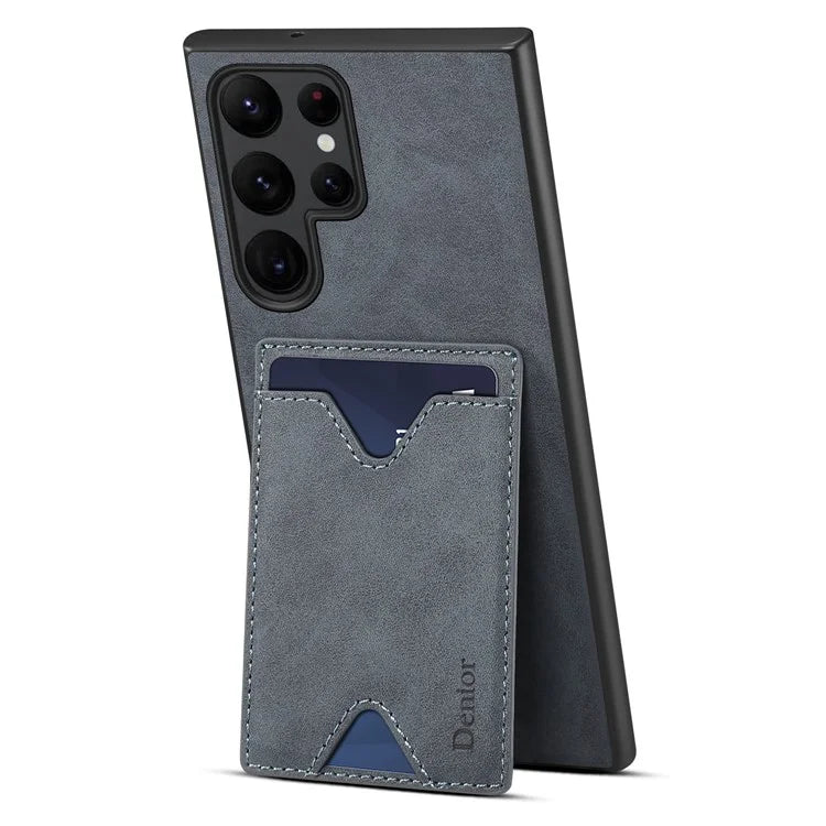 DENIOR For Samsung Galaxy S24 Ultra Case Leather+TPU Phone Kickstand Cover with Card Holder