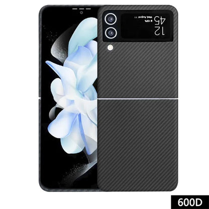 For Samsung Galaxy Z Flip4 5G Black Case 600D Fine Textured Aramid Fiber Phone Protector, Big Lens Cutouts