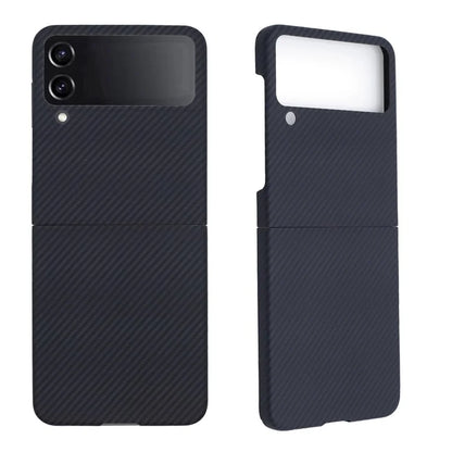 For Samsung Galaxy Z Flip4 5G Black Case 600D Fine Textured Aramid Fiber Phone Protector, Big Lens Cutouts