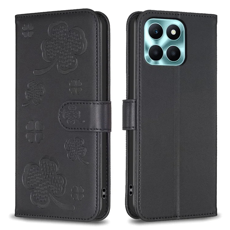 For Honor X6a 4G Cell Phone Case Clover Pattern PU Leather Stand Cover