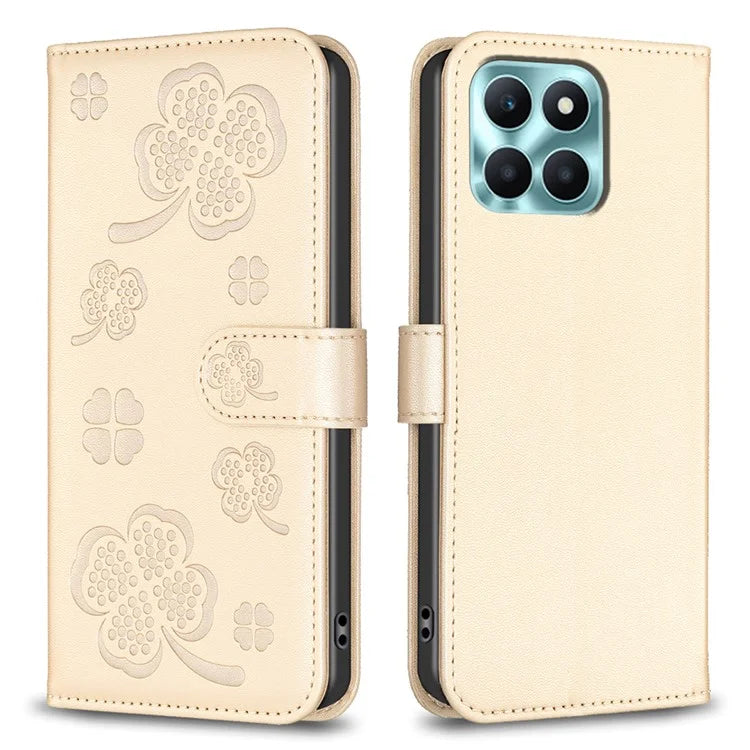 For Honor X6a 4G Cell Phone Case Clover Pattern PU Leather Stand Cover