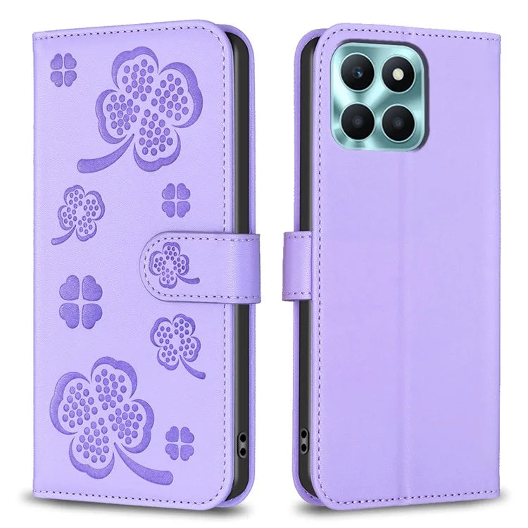For Honor X6a 4G Cell Phone Case Clover Pattern PU Leather Stand Cover