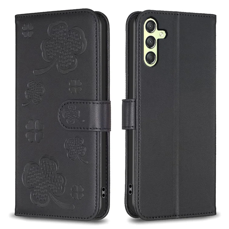 For Samsung Galaxy A24 4G (162.1 x 77.6 x 8.3mm) Magnetic Phone Case Leather Clover Imprinted Wallet Stand Cover