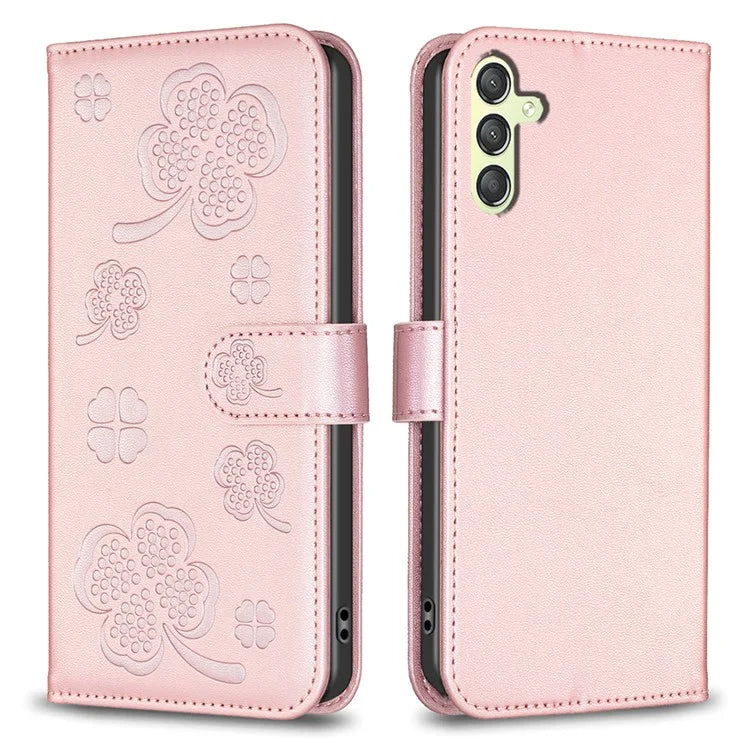 For Samsung Galaxy A24 4G (162.1 x 77.6 x 8.3mm) Magnetic Phone Case Leather Clover Imprinted Wallet Stand Cover