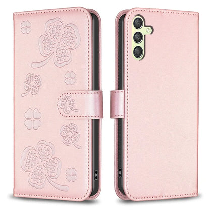 For Samsung Galaxy A24 4G (162.1 x 77.6 x 8.3mm) Magnetic Phone Case Leather Clover Imprinted Wallet Stand Cover