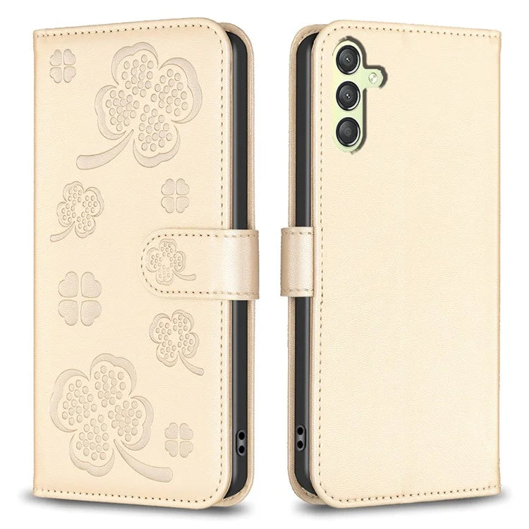 For Samsung Galaxy A24 4G (162.1 x 77.6 x 8.3mm) Magnetic Phone Case Leather Clover Imprinted Wallet Stand Cover