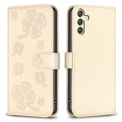 For Samsung Galaxy A24 4G (162.1 x 77.6 x 8.3mm) Magnetic Phone Case Leather Clover Imprinted Wallet Stand Cover