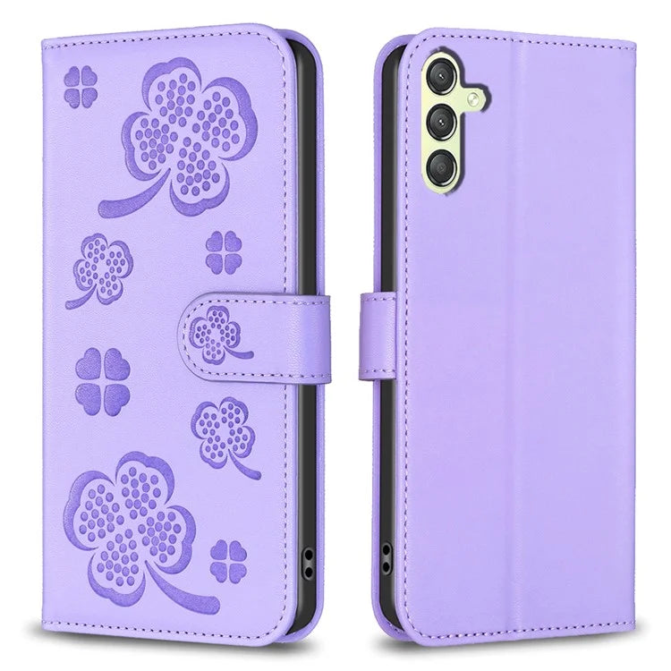 For Samsung Galaxy A24 4G (162.1 x 77.6 x 8.3mm) Magnetic Phone Case Leather Clover Imprinted Wallet Stand Cover
