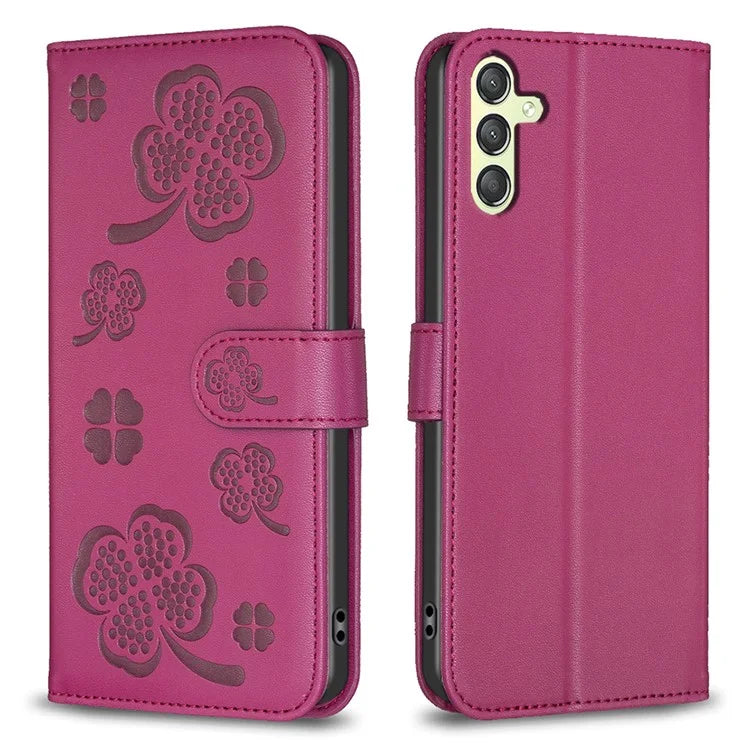 For Samsung Galaxy A24 4G (162.1 x 77.6 x 8.3mm) Magnetic Phone Case Leather Clover Imprinted Wallet Stand Cover