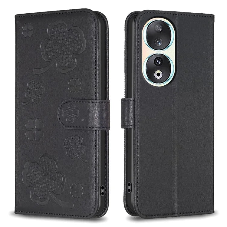 For Honor 90 Case Clover Pattern PU Leather Foldable Stand Phone Wallet Cover