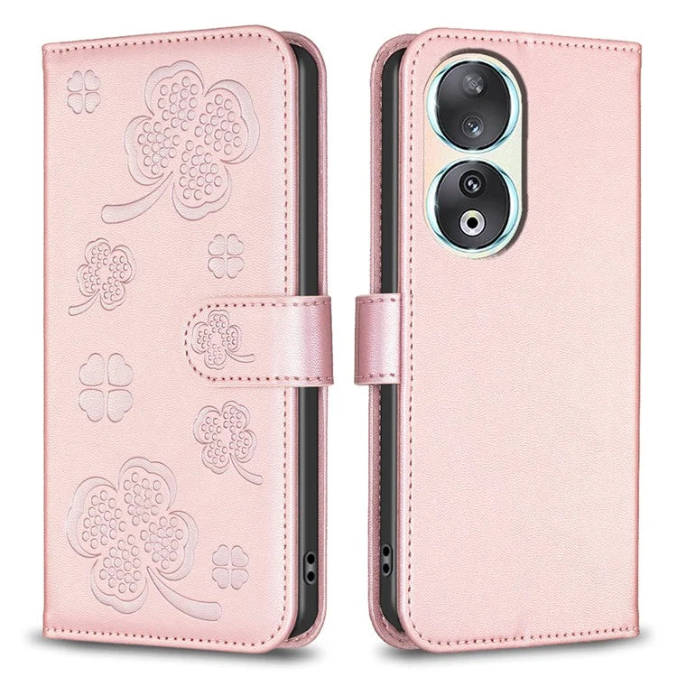 For Honor 90 Case Clover Pattern PU Leather Foldable Stand Phone Wallet Cover