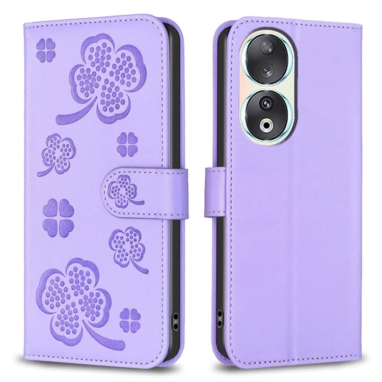 For Honor 90 Case Clover Pattern PU Leather Foldable Stand Phone Wallet Cover