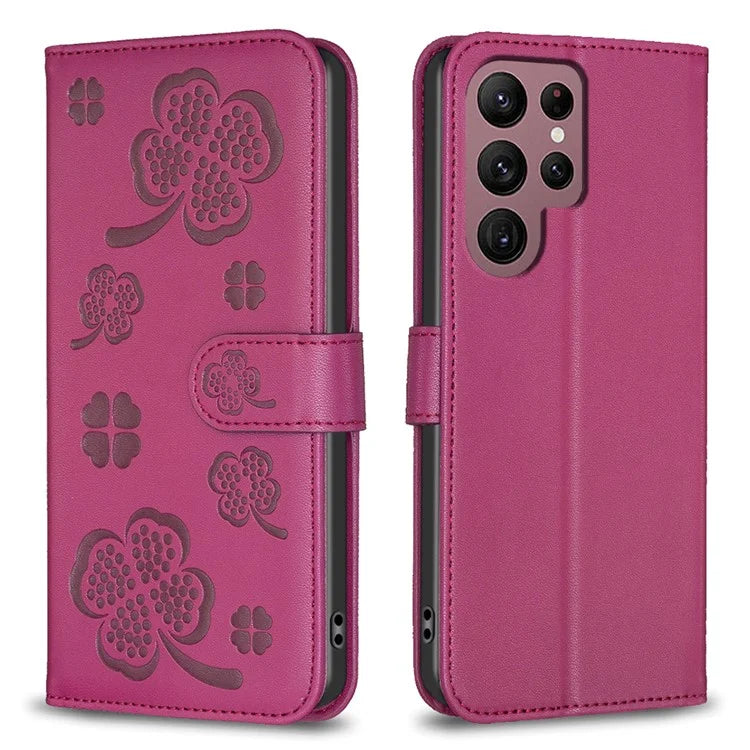 For Samsung Galaxy S22 Ultra 5G Case Leather Clover Imprint Stand Smart Phone Cover