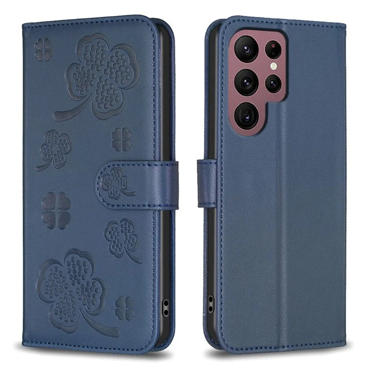 For Samsung Galaxy S22 Ultra 5G Case Leather Clover Imprint Stand Smart Phone Cover