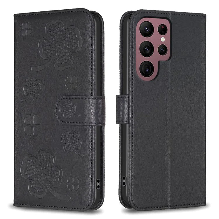 For Samsung Galaxy S22 Ultra 5G Case Leather Clover Imprint Stand Smart Phone Cover