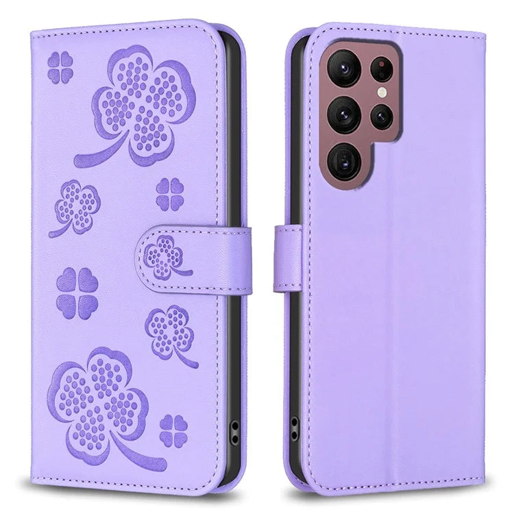 For Samsung Galaxy S22 Ultra 5G Case Leather Clover Imprint Stand Smart Phone Cover