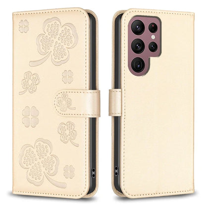 For Samsung Galaxy S22 Ultra 5G Case Leather Clover Imprint Stand Smart Phone Cover