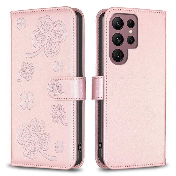 For Samsung Galaxy S22 Ultra 5G Case Leather Clover Imprint Stand Smart Phone Cover