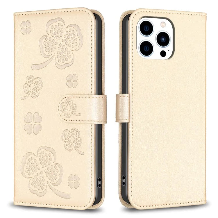For iPhone 14 Pro Wallet Phone Case Clover Imprinted Shockproof Anti-Fall Cover