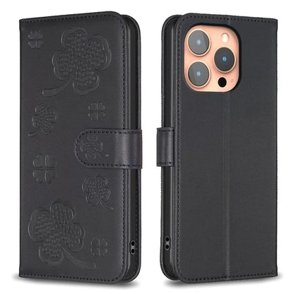 For iPhone 15 Pro PU Leather Cover Clover Imprinted Full Body Protective Phone Case