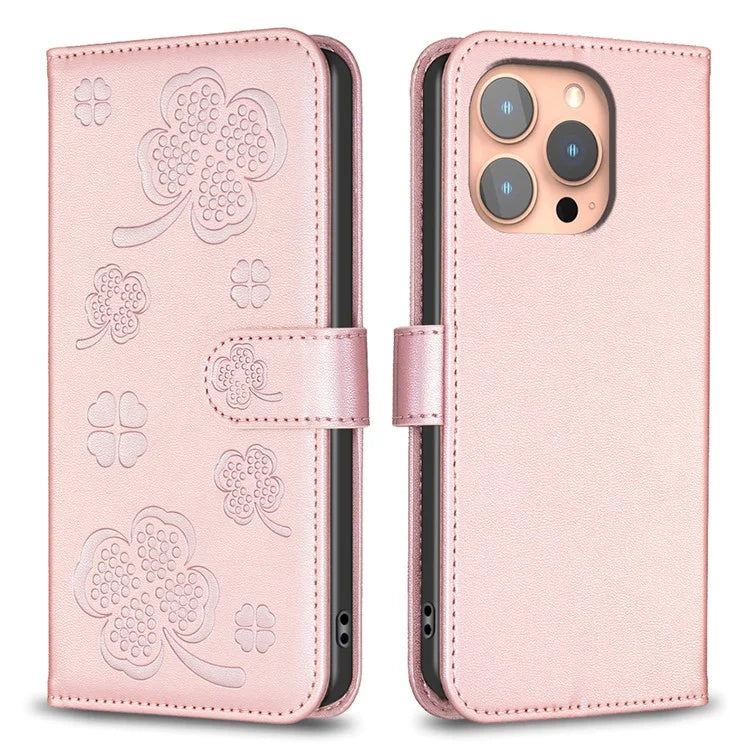 For iPhone 15 Pro PU Leather Cover Clover Imprinted Full Body Protective Phone Case
