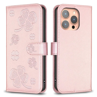 For iPhone 15 Pro PU Leather Cover Clover Imprinted Full Body Protective Phone Case