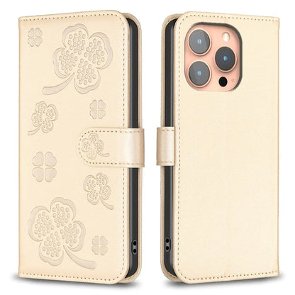 For iPhone 15 Pro PU Leather Cover Clover Imprinted Full Body Protective Phone Case