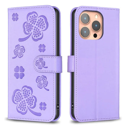For iPhone 15 Pro PU Leather Cover Clover Imprinted Full Body Protective Phone Case
