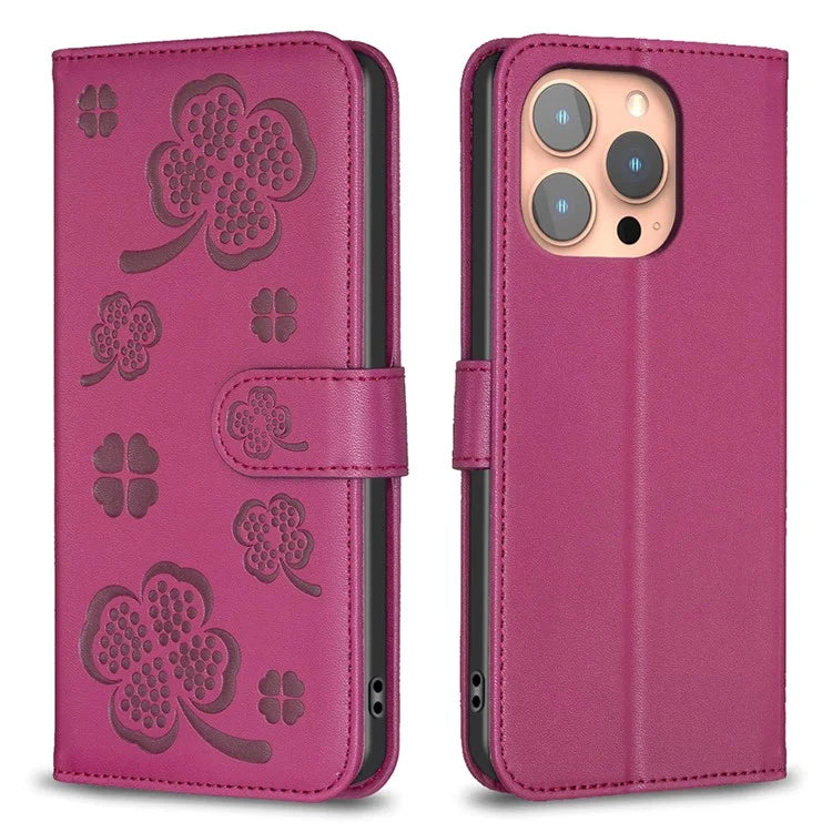 For iPhone 15 Pro PU Leather Cover Clover Imprinted Full Body Protective Phone Case