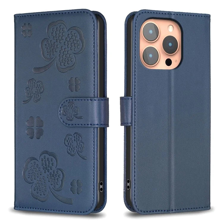 For iPhone 15 Pro PU Leather Cover Clover Imprinted Full Body Protective Phone Case