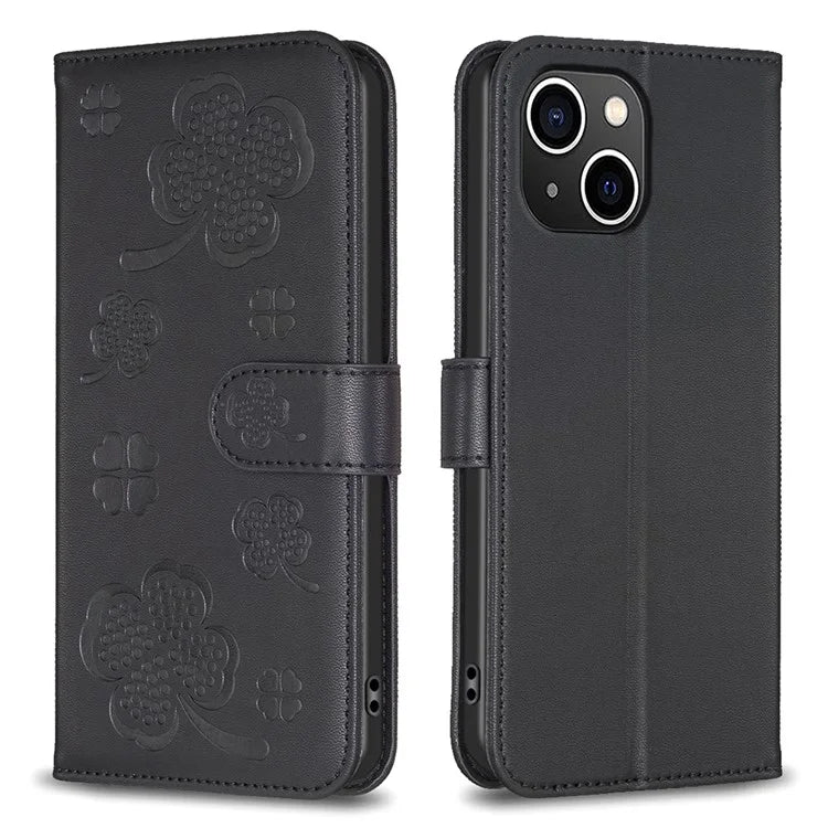 For iPhone 13 / 14 Leather Phone Case Clover Imprinted Wallet Flip Cover