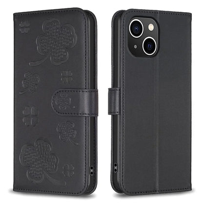 For iPhone 13 / 14 Leather Phone Case Clover Imprinted Wallet Flip Cover