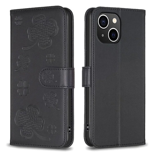 For iPhone 13 / 14 Leather Phone Case Clover Imprinted Wallet Flip Cover