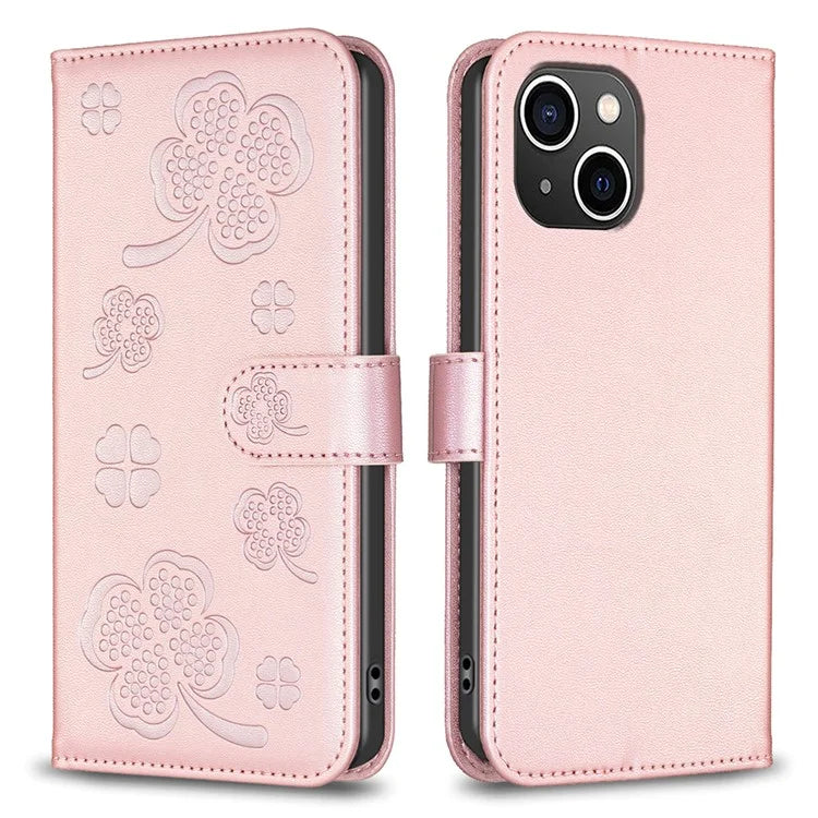 For iPhone 13 / 14 Leather Phone Case Clover Imprinted Wallet Flip Cover