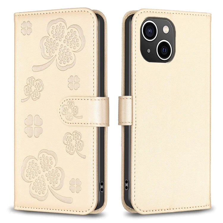 For iPhone 13 / 14 Leather Phone Case Clover Imprinted Wallet Flip Cover