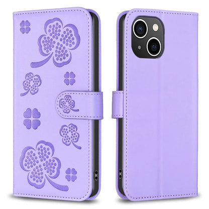 For iPhone 13 / 14 Leather Phone Case Clover Imprinted Wallet Flip Cover